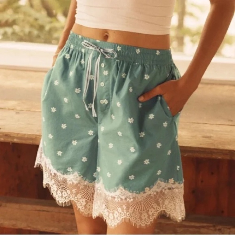 Anthropologie Lace-Hem Boxer Shorts Loungewear Green with Floral Pattern NWT